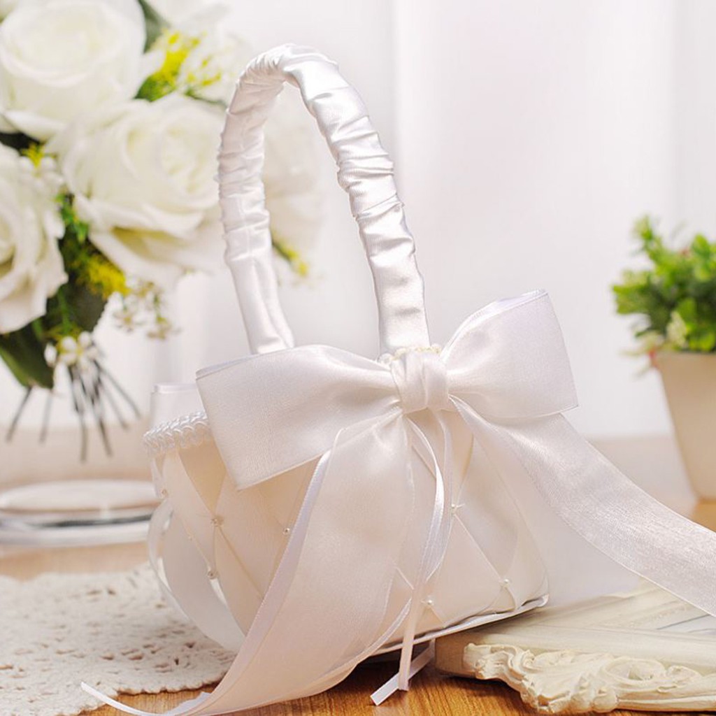 Flower Girl Baskets White Flower Basket Romantic Bowknot Silk Cloth Wedding Ceremony Party Rose Flower Girl Wedding Basket 