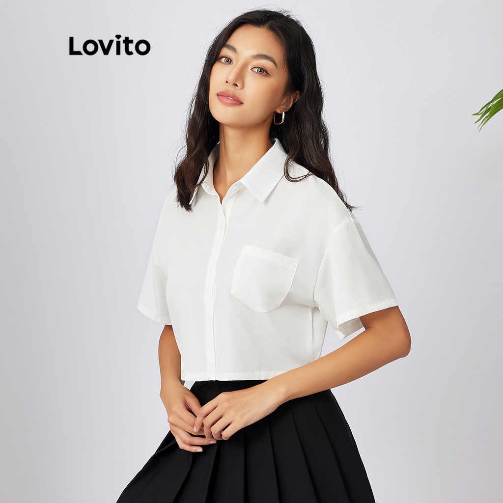 Lovito Casual Plain Collar Crop Pocket Blouses L21AS055 (White ...