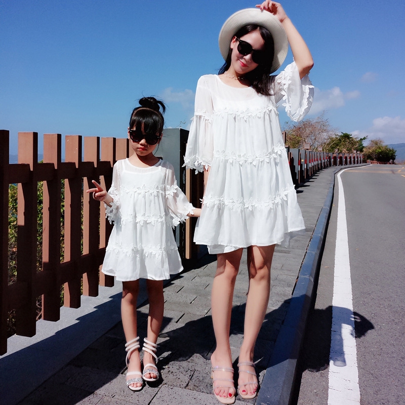 white dress mom and daughter