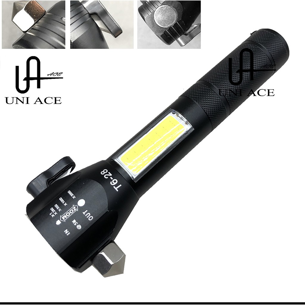 COB multifunction T6 extension zoom lifesaving hammer flashlight led