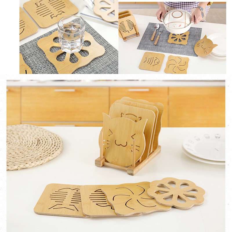 9 Pcs Set Placemat Wooden Table Insulation Coaster Casserole Table