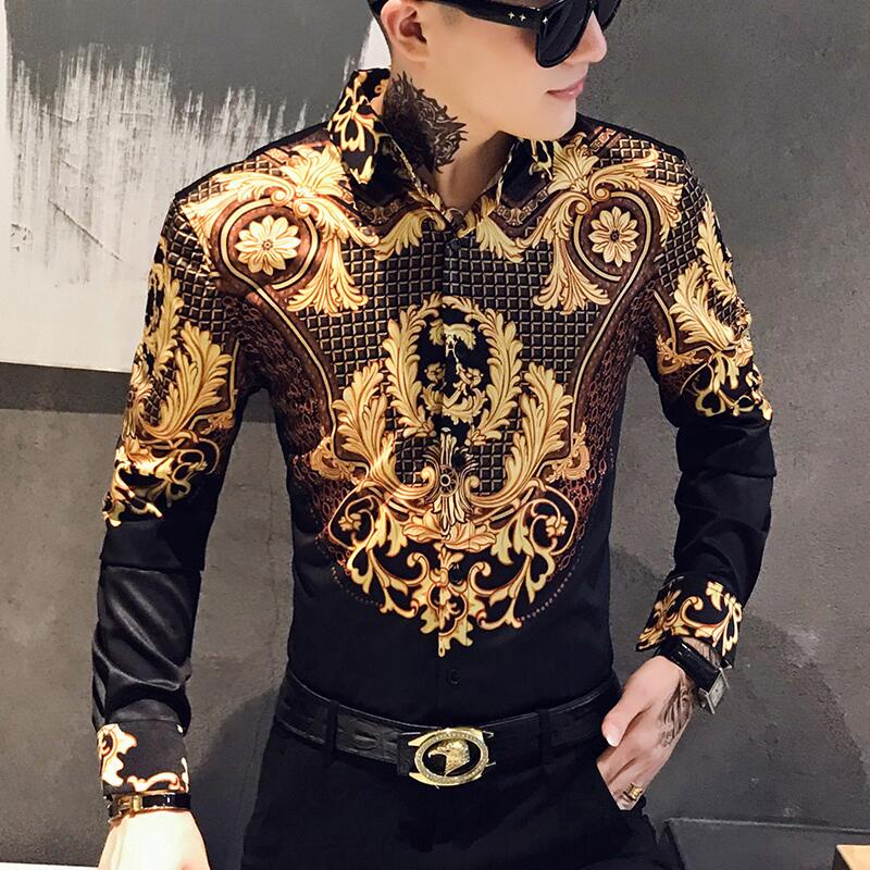 Luxury Paisley Black Gold Printed Shirt Men's Royal Club Clothing Korean Men's Slim Long Sleeve Shirt Tuxedo Shirt