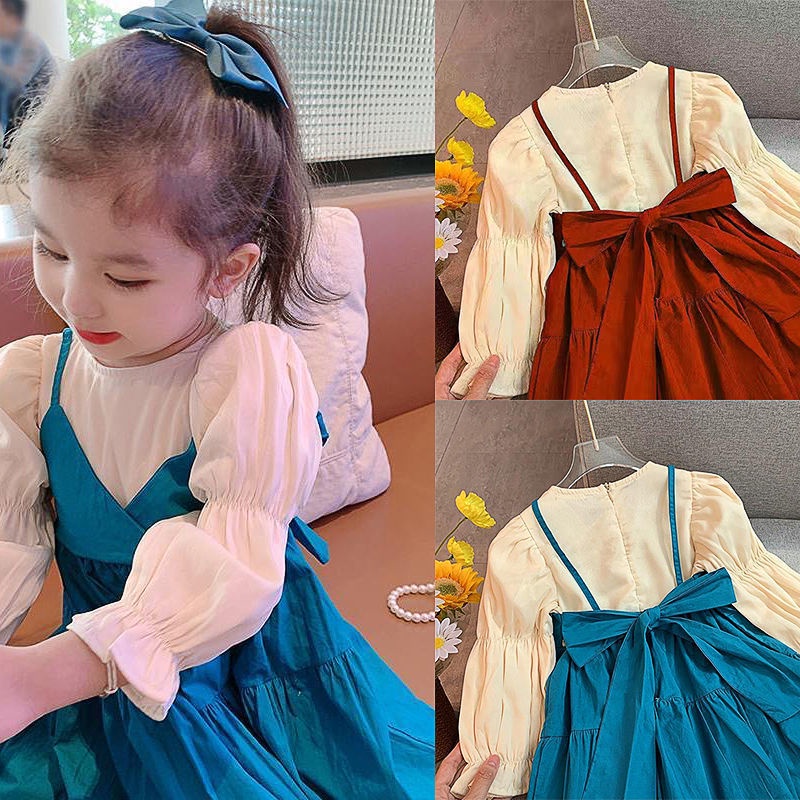 Dress For Kids Girls Autumn Clothing Dress Children's Fake Two-Piece Suspender Stitching Fashionable Dress Kids Dress For Girls