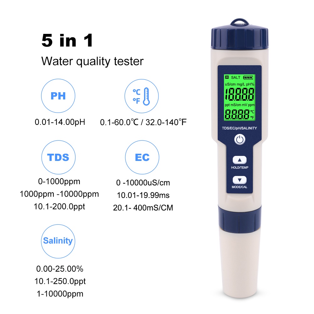 5 in 1 PH meter water quality tester TDS/EC/PH/salinity/thermometer ...