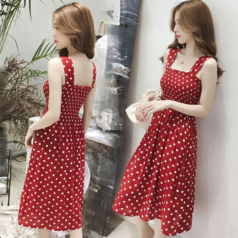 red polka dot off shoulder dress