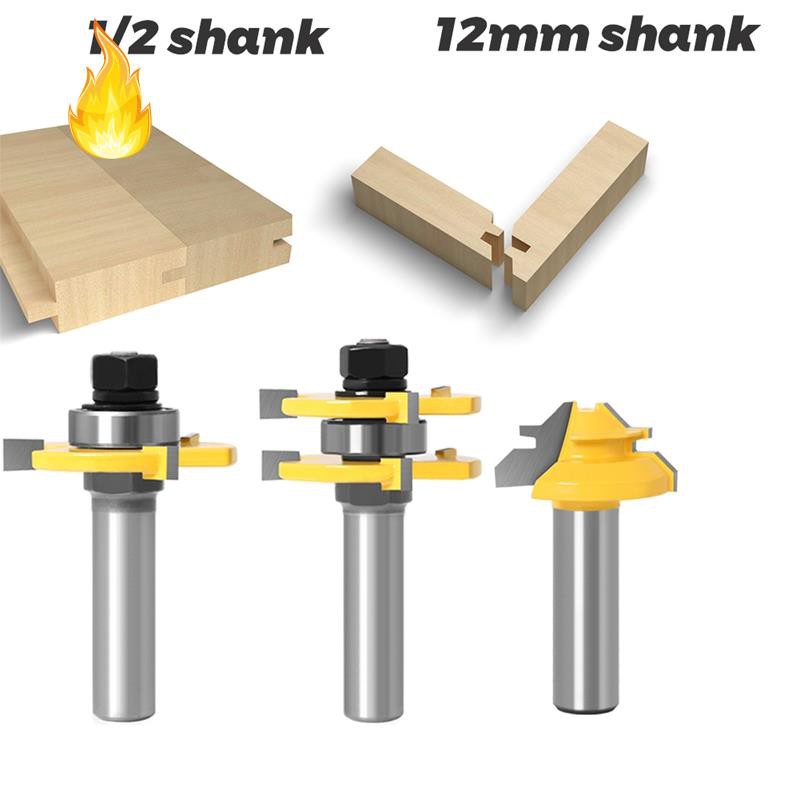 3 Pc 12mm 1/2 Shank Tongue & Groove Joint Assembly Router Bit 1Pc 45 Degree Lock Miter Route Set Stock Wood Cutting B