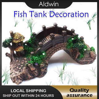 Aquarium Fish Tank Vintage Decorative Bridge Landscape Ornaments Pavilion Tree Plants Resin Design