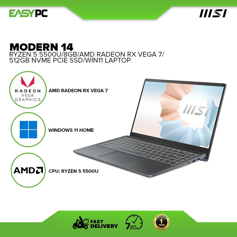 MSI Modern 14 B5M 084PH Ryzen 5 5500U 8GB AMD Radeon Graphics 512GB 