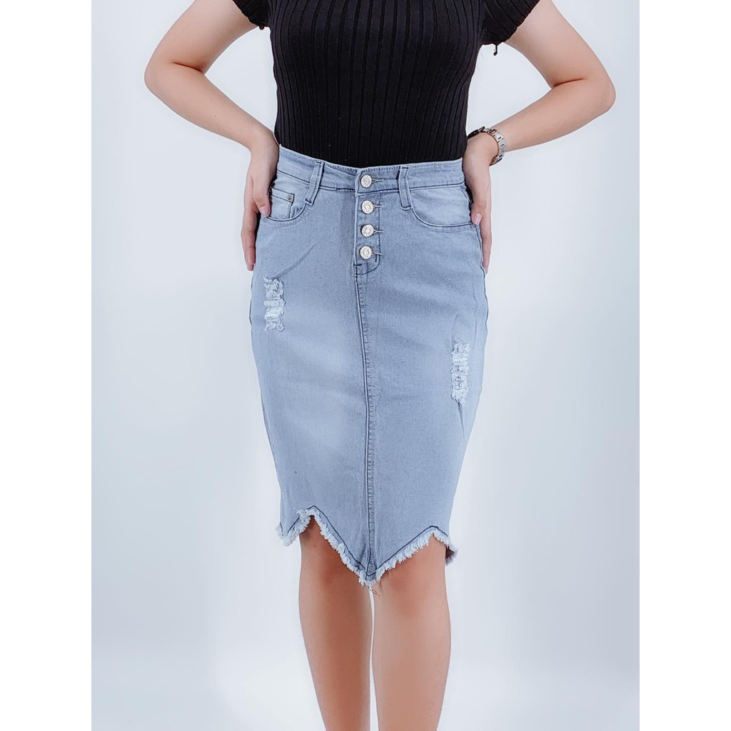 YourFans 3529# Denim high waist four buttons light blue wave burrs ...