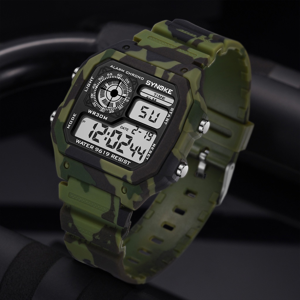 Synoke Digital Watch Camouflage Style G Shock Multifunctional Waterproof 30m for Man and Women Students 9619
