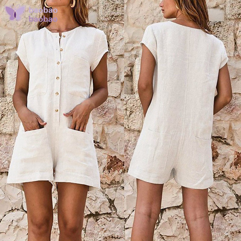 Solid Casual Boho Women Jumpsuit Playsuit Button Plain Linen Wide Leg Trousers