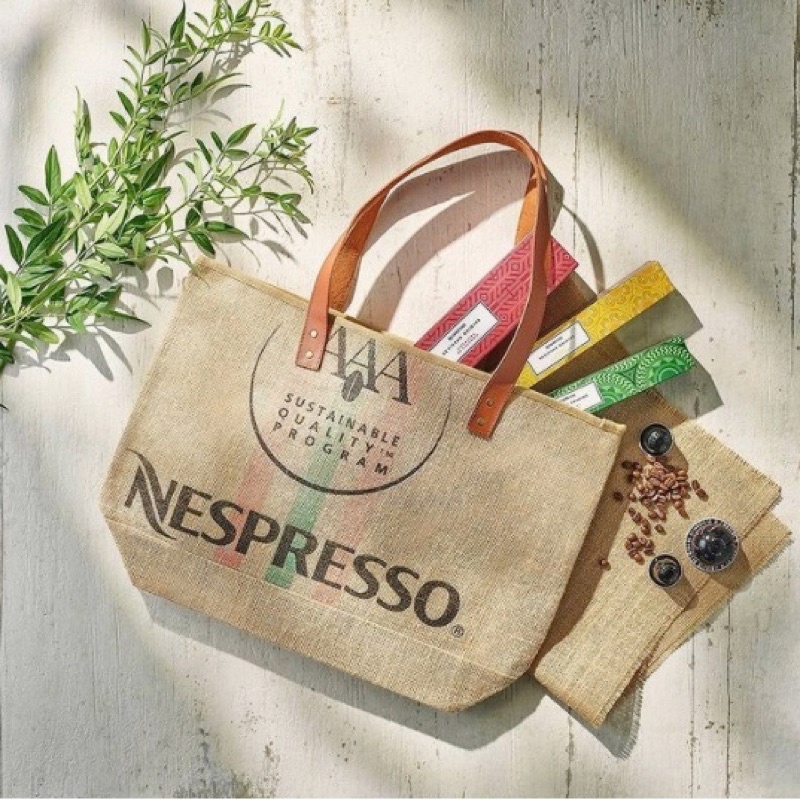 nespresso jute bag and water bottle balloontattooswithnames