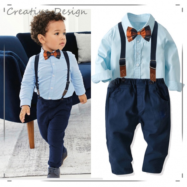 2Pcs Boys Clothing Set Long Sleeve Bow Tie Shirts Suspender Pants Boys Overalls Clothes DaMohony Baby Boys Gentleman Outfit 