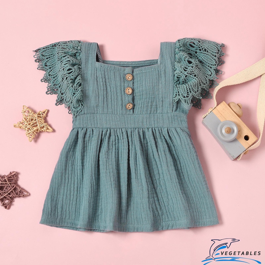 ZHY-Baby Girls Casual Dress, Solid Color Short Fly Sleeves Square Neck One-piece, Tangerine Yellow/ Grey Blue/ Pink/ Apricot
