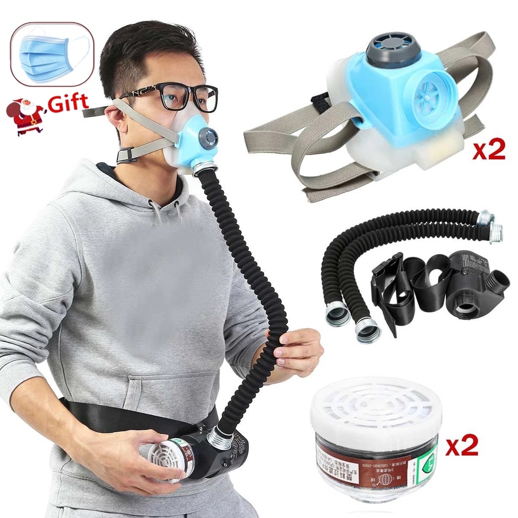2 Pcs Electric Constant Flow Air Supplied Fed Respirator Half Face Gas Mask Pump 2 Pipe