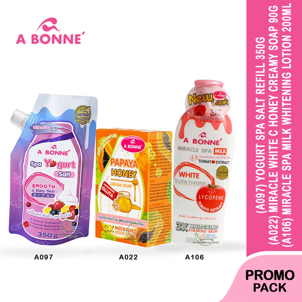 Abonne Yogurt Salt 350g + Papaya Honey Cream Soap 90g + Gluta Lotion 200ml ( A097 + A022 + A106