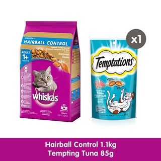 WHISKAS Cat Food Dry Hairball Control Chicken & Tuna 1.1Kg+TEMPTATIONS Cat treats Tempting Tuna 85gc