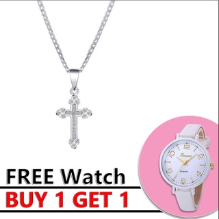 Lucky Silver Genuine 92.5 Italy Silver Cross Pendant Necklace Design with Free Watch MM12+W005