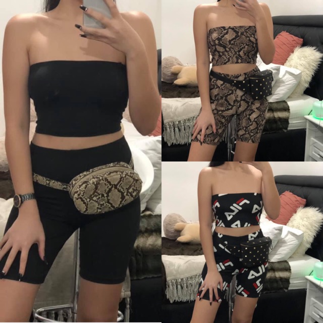tube top and biker shorts