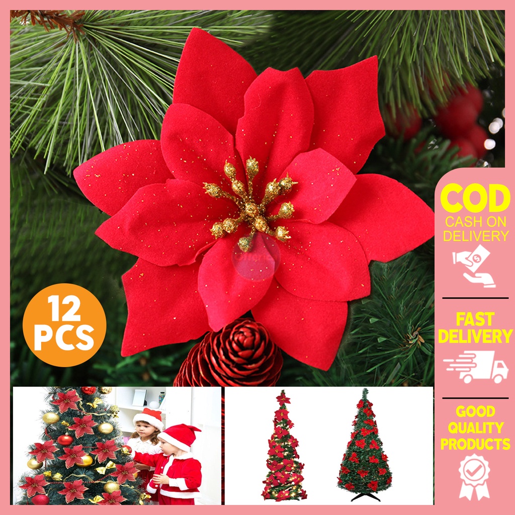 12pcs Christmas Red Flowers 23cm Velvet Poinsettia Artificial Xmas Tree