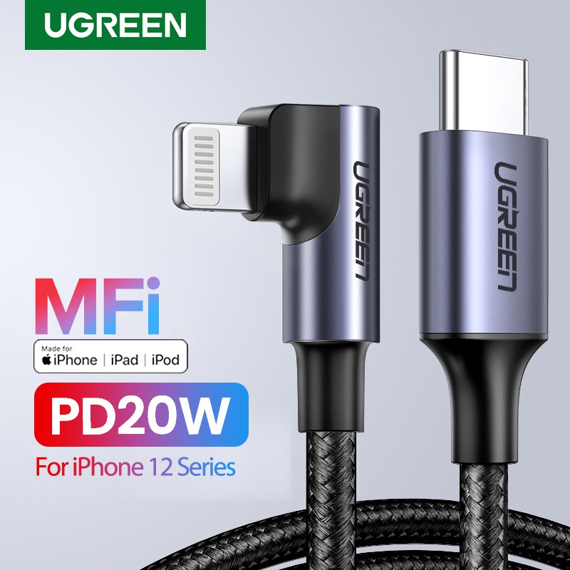 Ugreen 90 Degree Right Angle Mfi Usb C To Lightning Cable Nylon Braided Fast Power Delivery 