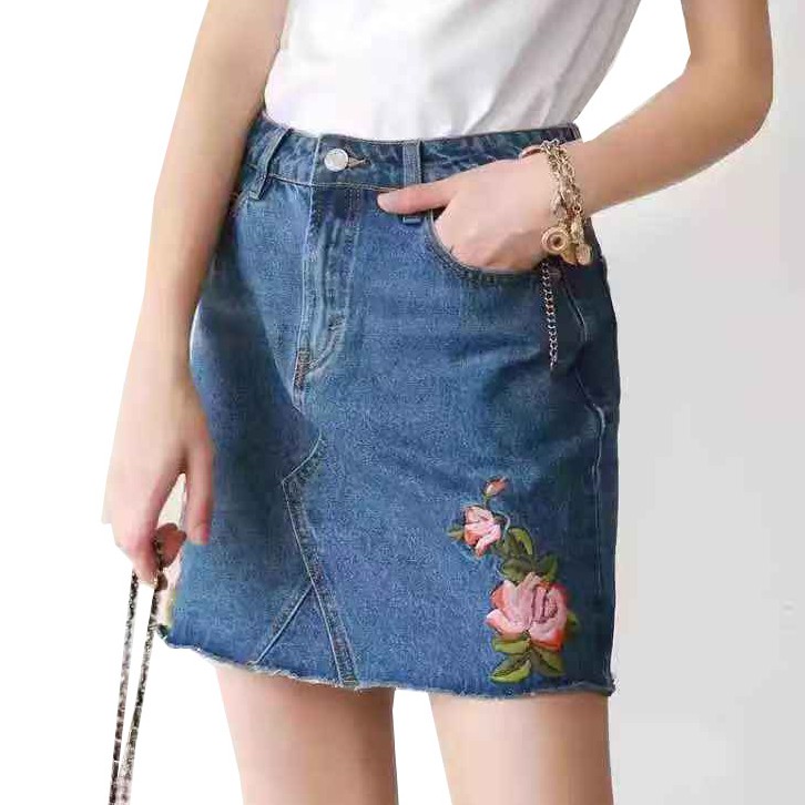 Denim Skirt High waisted w/zipper Maong Skirt with flower design ...