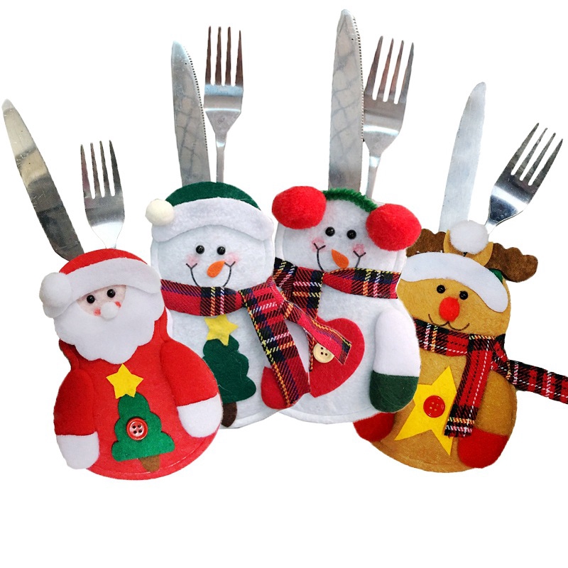 Cute Christmas Santa Hat Reindeer New Year Pocket Fork Knife Cutlery Holder Table Dinner Decoration