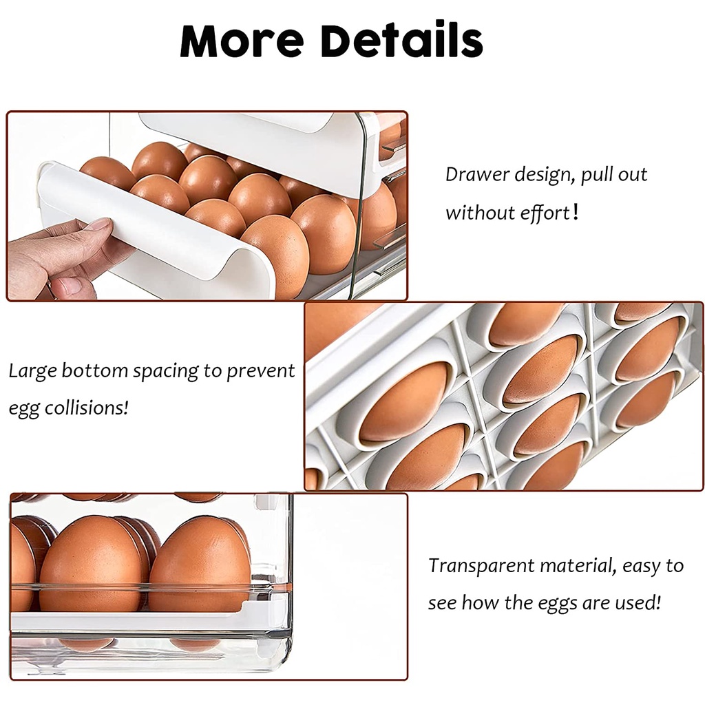 FPLX Upgrade 32 Grid Egg Storage Double-Layer Drawer Type Egg Box for Refrigerator,Gray,FPLX-112 