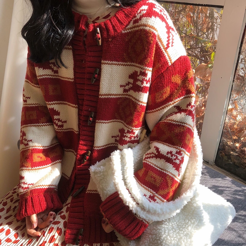 thick red cardigan