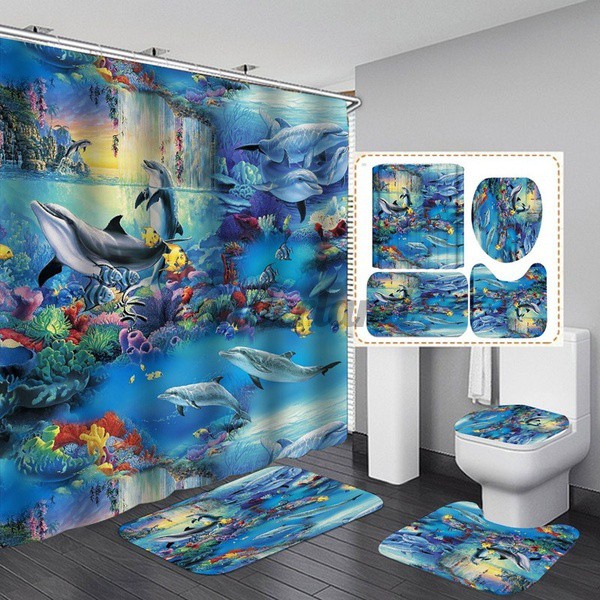 1/3/4Pcs Sea Turtle Printing  Shower Curtain Toilet Cover Mat 