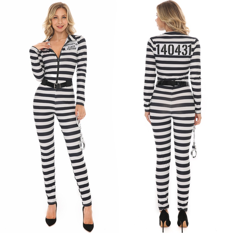 Adult Women Convict Prisoner Costume Cosplay Outfit Black White Stripes ...