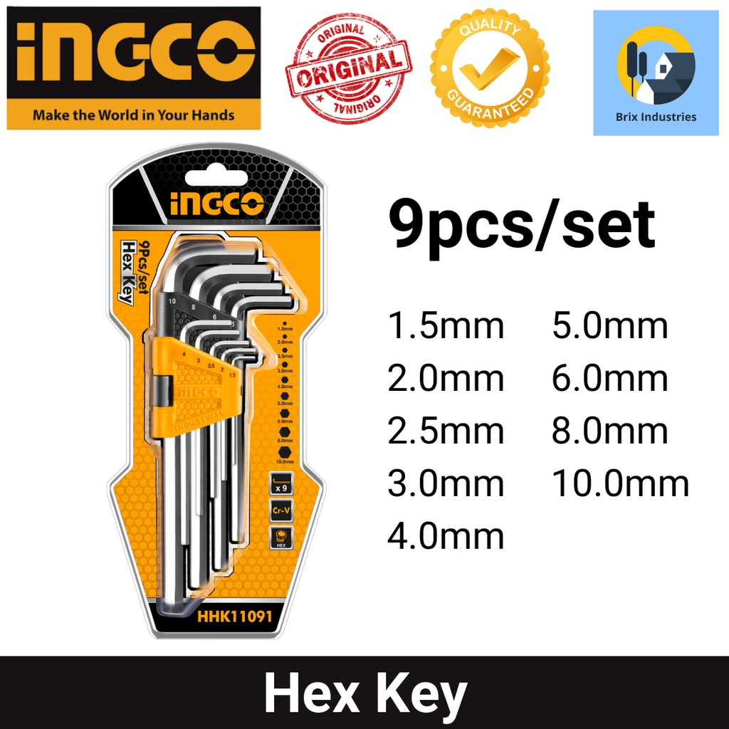 Ingco 9 pieces Hex Key Long Arm Set HHK11091 Heavy Duty LStyle Allen