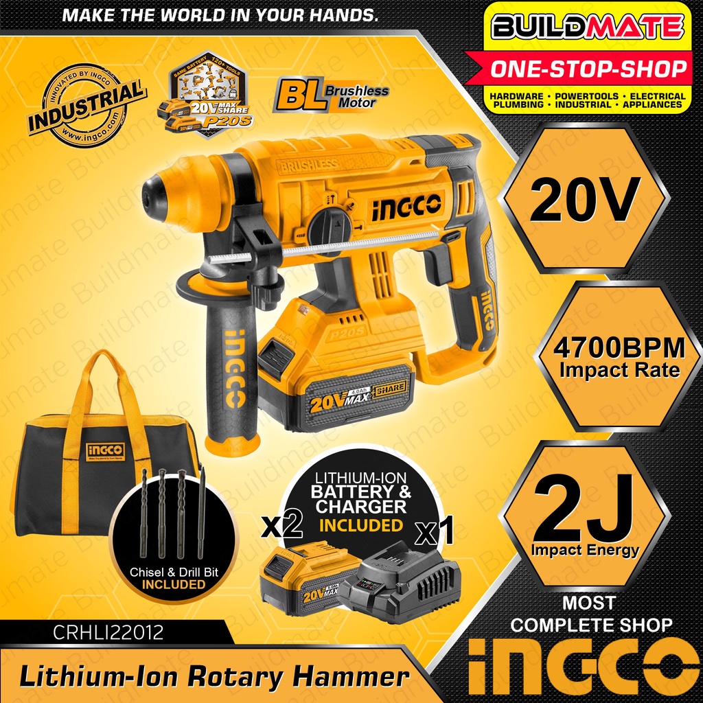 [set] Ingco Li Ion Cordless Brushless Rotary Hammer 20v Bl Motor Free