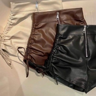 leather shorts ruched highwaist