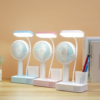 【 Ready Stock, Free Shipping 】 Three-Speed Color Dimming Eye Protection Table Lamp Student Learning USB Charging Plug-In Mini Fan Tou