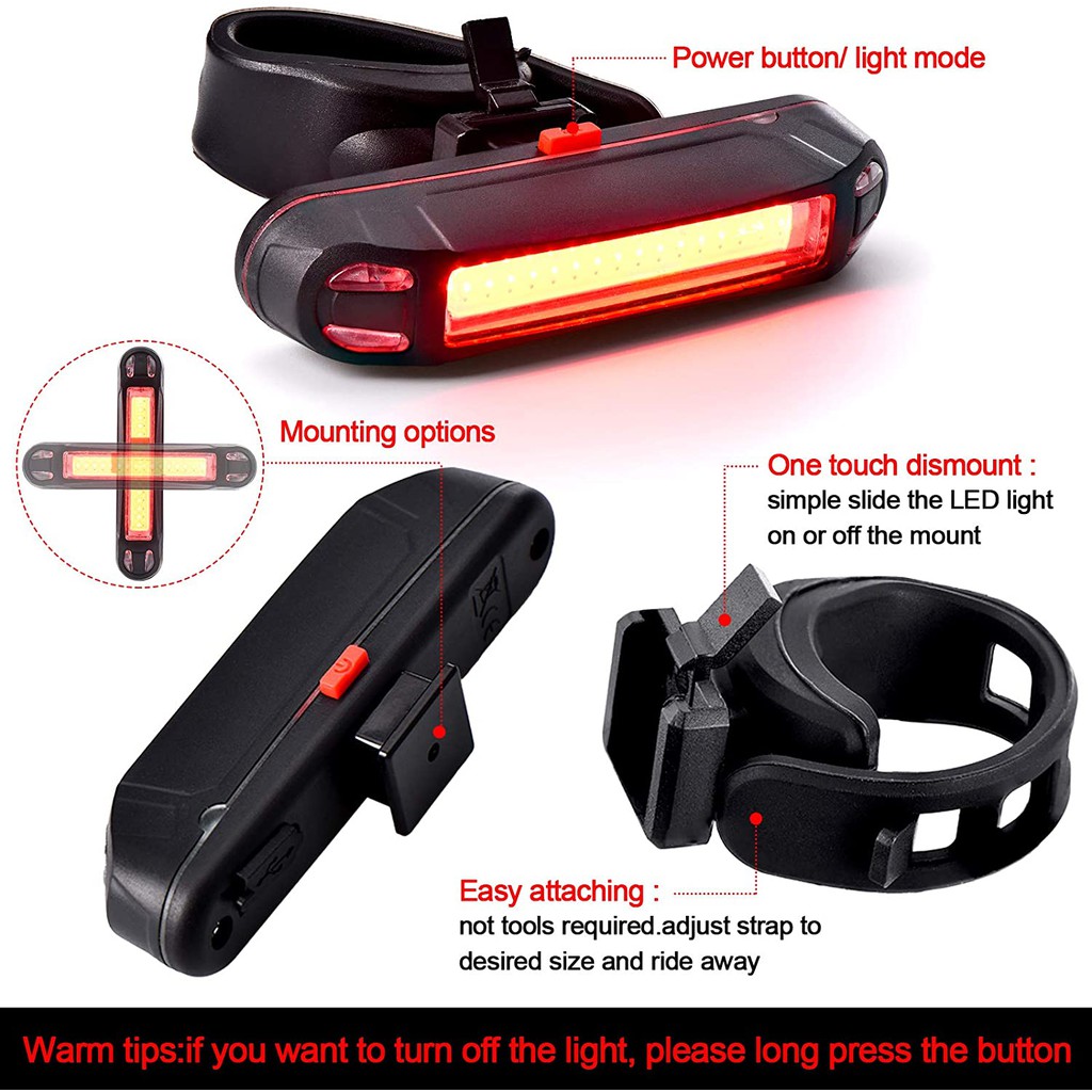 Waterproof 6 Mode COB LED Bicycle Bike Cycling Front Rear Light USB Rechargeable 