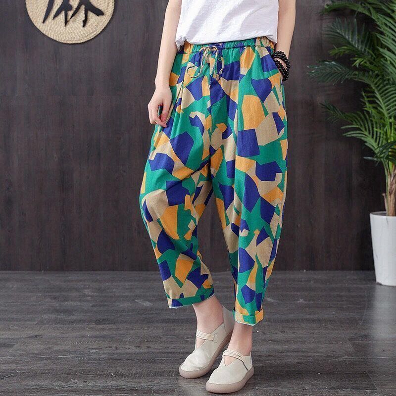 & 100% Linen & Pants Loose Palazo Wide Length Trousers Floral Print ...