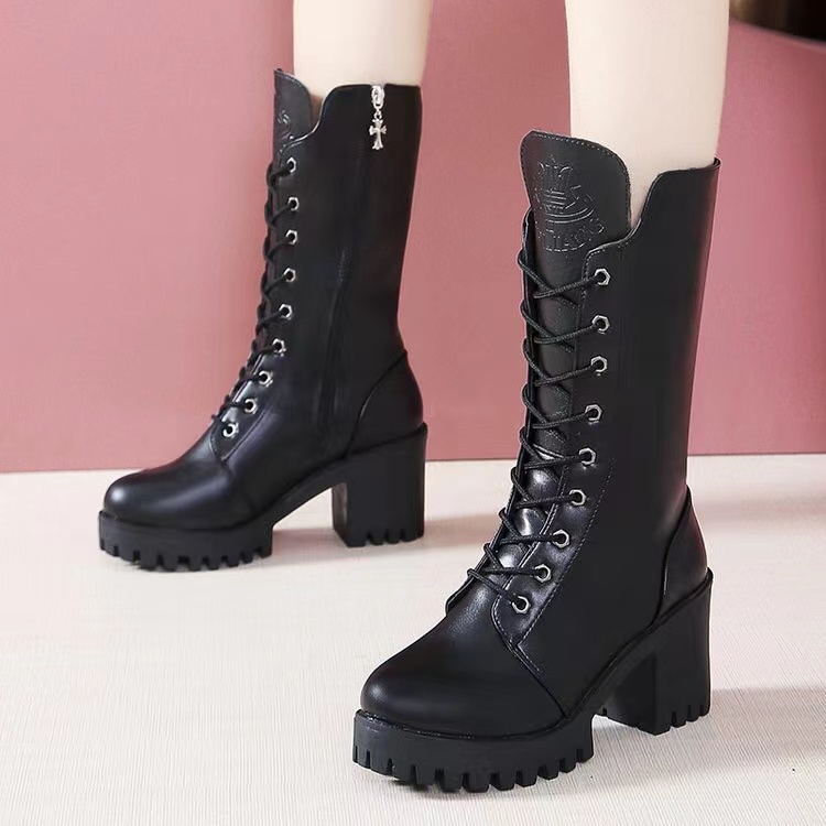 Women's Fashion Midcalf Boots, Cool Black Highheeled Motorcycle Boots