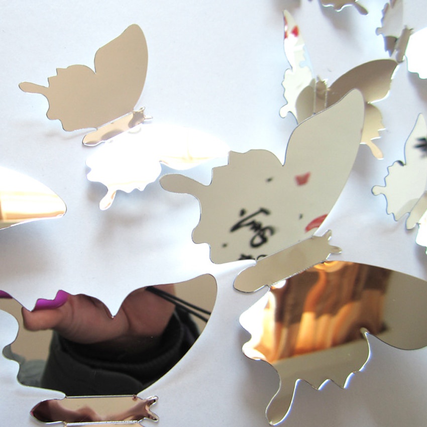 12Pcs Mirror Wall Sticker Decor Butterflies 3D Mirror Wall Art Party Wedding Home Decors Butterfly