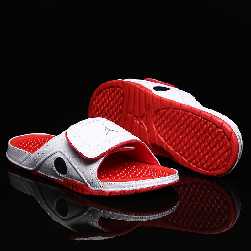 white and red jordan slides