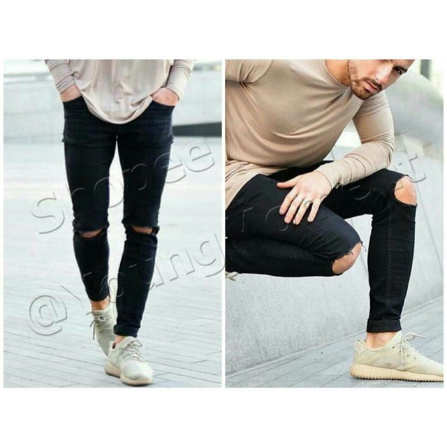 mens knee ripped black jeans