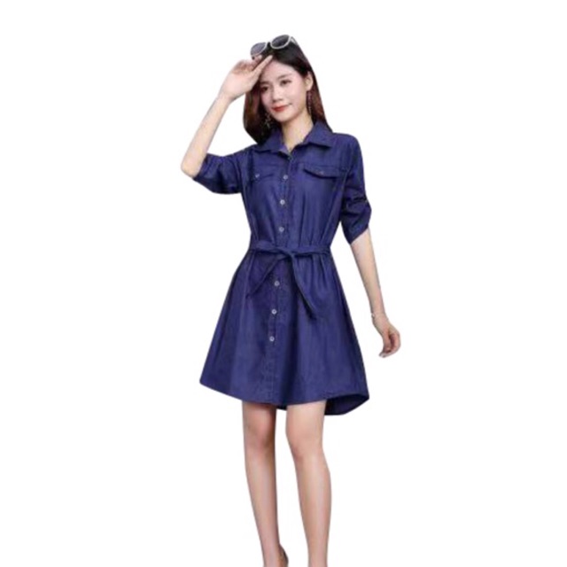 Denim polo dress butunes w/belt Maternity dress boho dress maong office ...