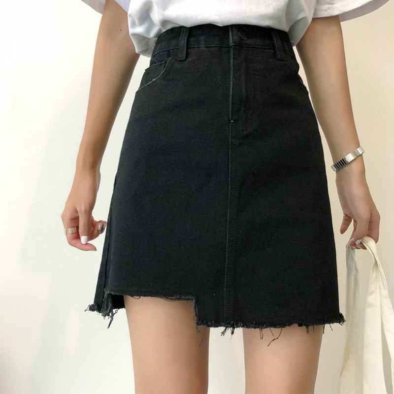 high waisted black jean skirt