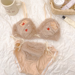Womens Lolita 2pcs Bra Panty Set Cute Bear Fluffy Plush Bow Underwear  Lingerie