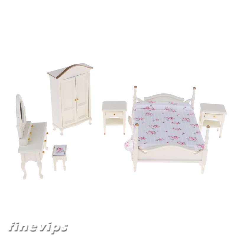 1 12 Dollhouse Miniature White Romantic Wooden Bedroom Furniture 6pcs Set