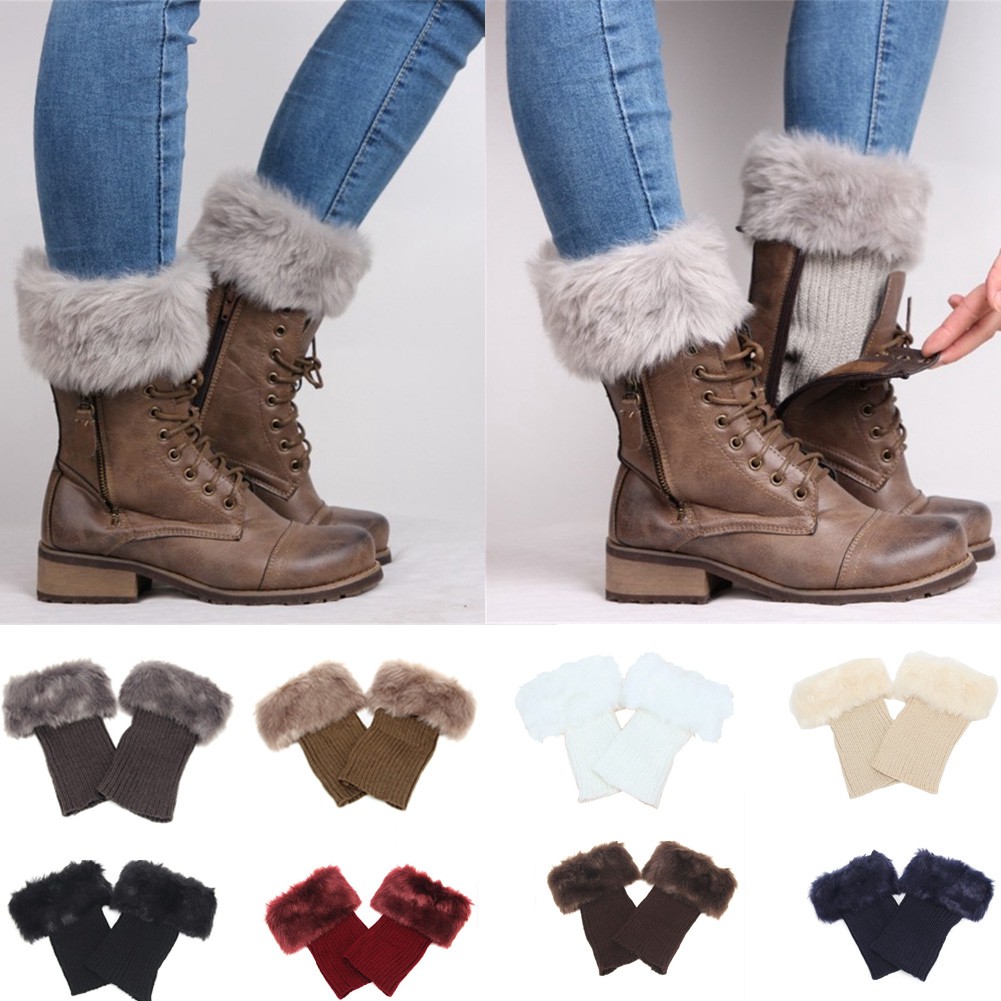 Women Winter Warm Crochet Knitted Faux Fur Cuffs Boot Toppers Leg Warmers Socks