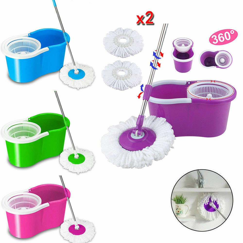 Microfiber Spinning Magic Easy Floor Mop with Bucket 2 Heads 360°Rotating Pink 