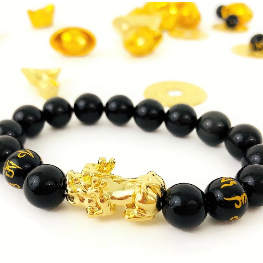 Feng Shui Black Obsidian/Mantra Bead Bracelet with Double Golden Pi Xiu ...