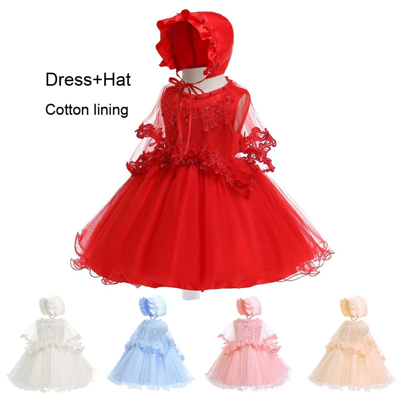 2pcs set Baptismal dress hat Baby Girl 1 Year Birthday Dress Infant