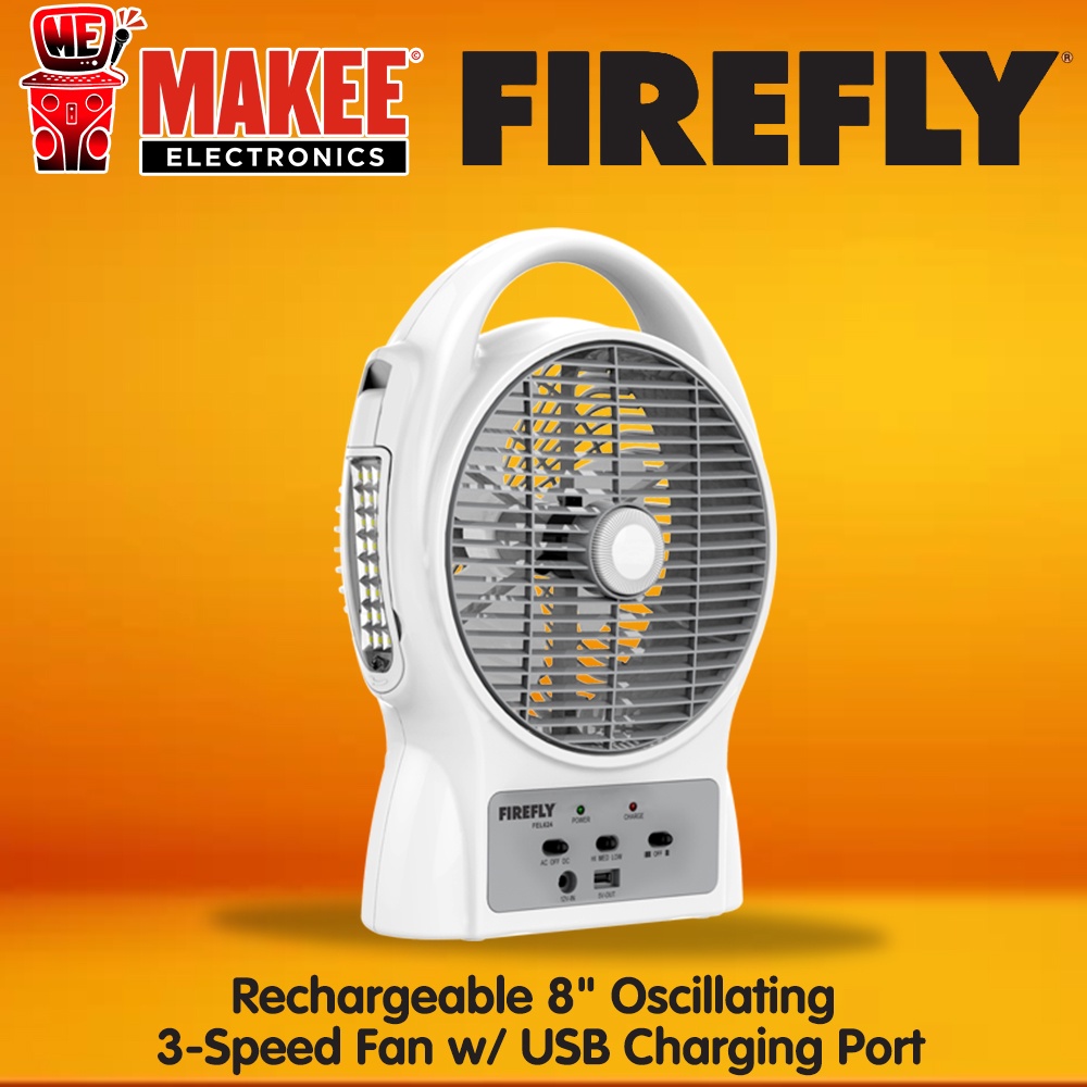 Firefly FEL624 Firefly Rechargeable 8" Oscillating 3Speed Fan w/ USB